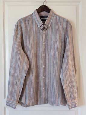 Men's Linen Striped Button-Down Shirt in Blue and Tan